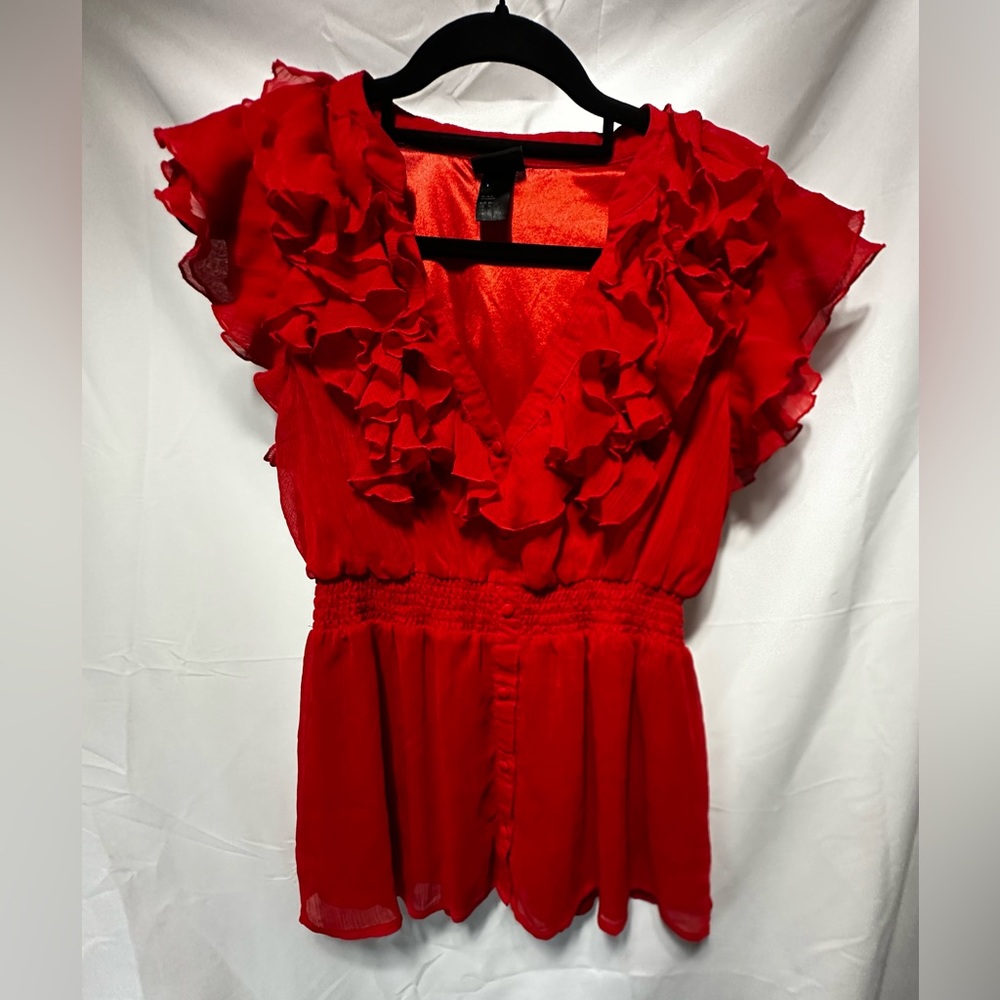 H&M Woman’s Red Ruffled Chiffon Blouse, Shirt, Top